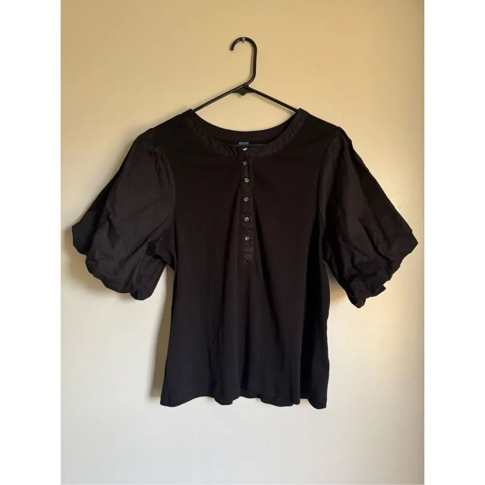 Old Navy Womens Black Cotton‎ Puff Sleeve Stretchy Fitted Button Top sz XXL Boho
